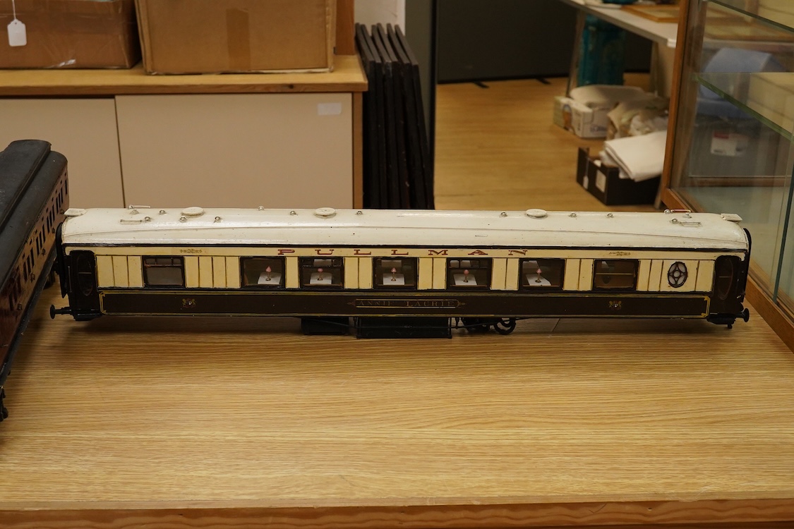 Two Gauge One bogie coaches; a Midland Railway clerestory coach, together with a 12-wheel Pullman car (bogies af), plus an American outline caboose, some scratch building and adaptation from kits, etc.